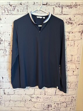 Lady Hagen Ribbed Navy Quarter-Zip Pullover with Contrast Collar